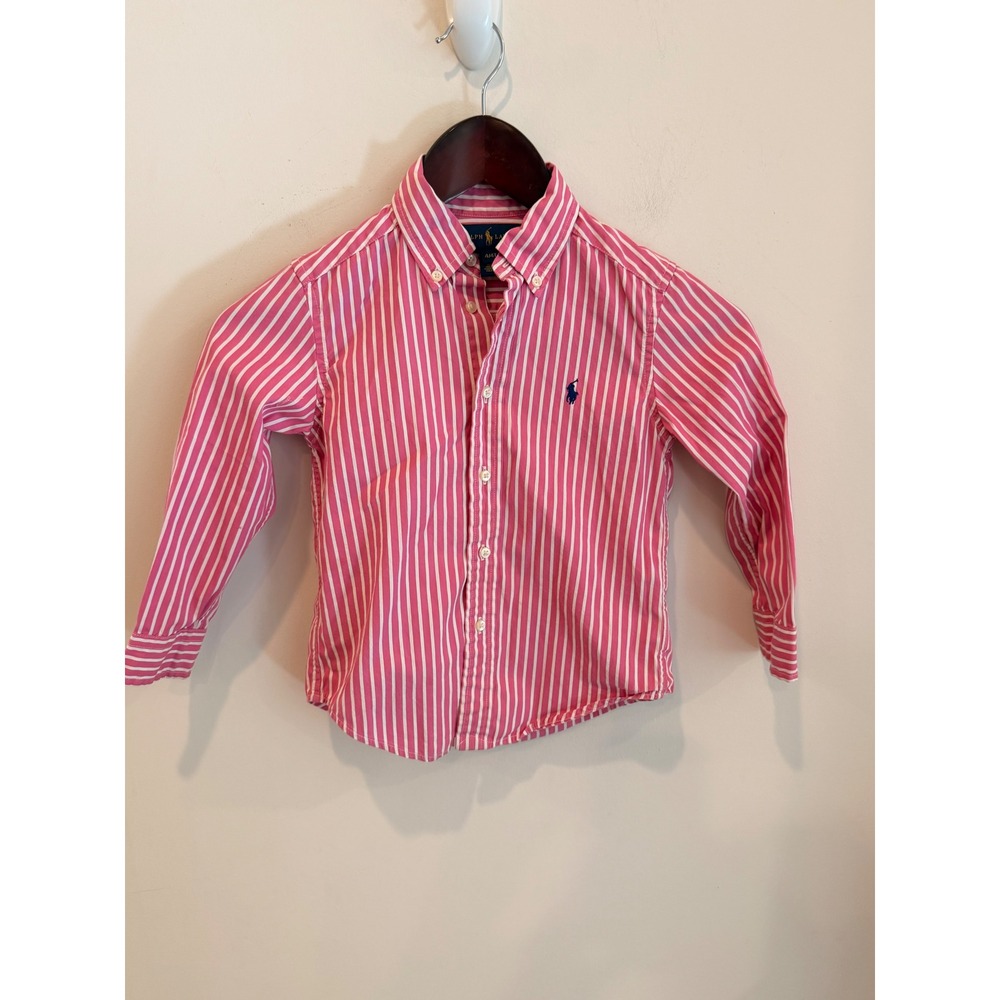 Ralph Lauren Kids Pink White Striped Button Down Shirt Cotton Size 4T Pony Logo
